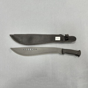 Full tang machete with broad blade featuring circular holes and textured grip, paired with fabric sheath with securing strap