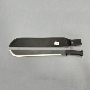 Full tang machete with long curved blade and black grip alongside matching sheath for secure storage