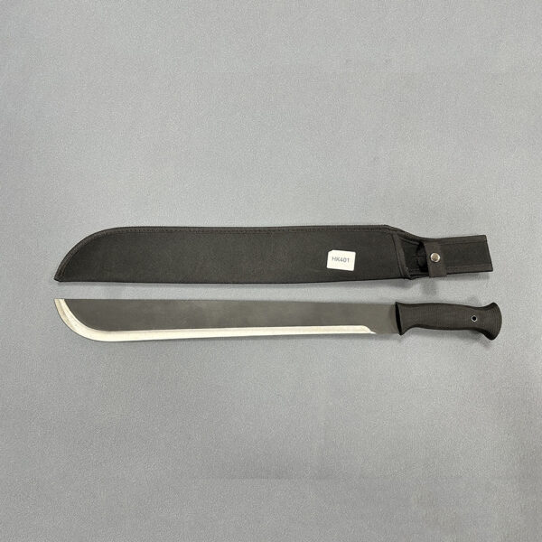 Full tang machete with long curved blade and black grip alongside matching sheath for secure storage