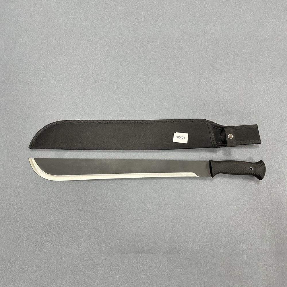 Full tang machete with long curved blade and black grip alongside matching sheath for secure storage