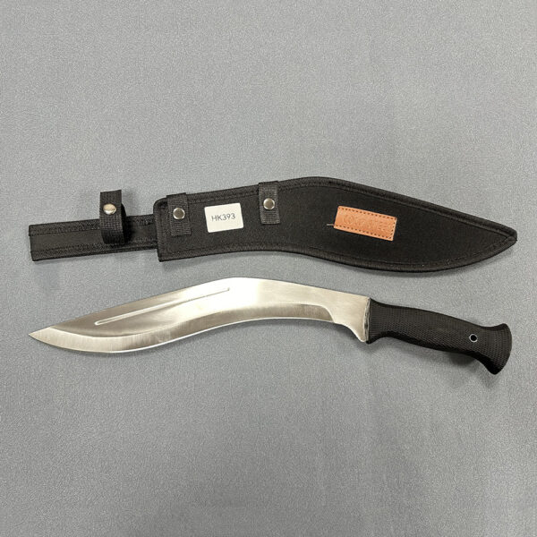 ​​HK393 knife with silver curved blade & black grip paired with black sheath