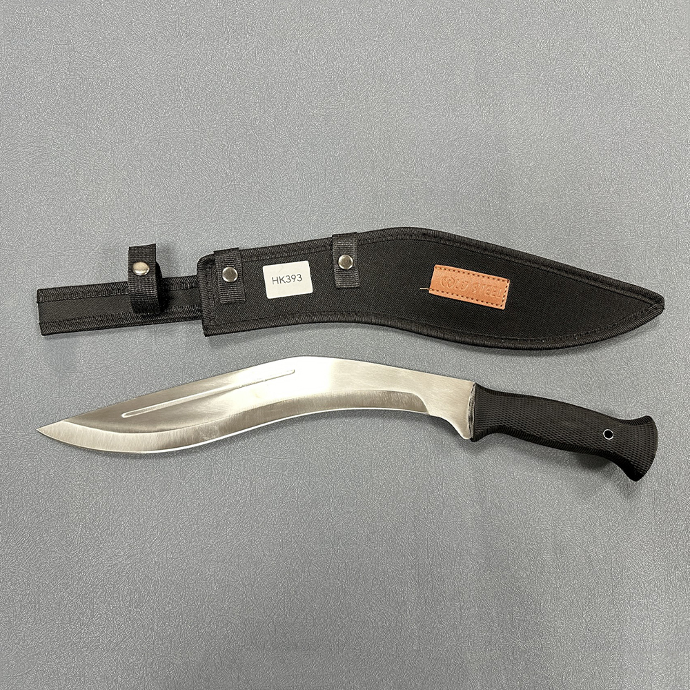 ​​HK393 knife with silver curved blade & black grip paired with black sheath