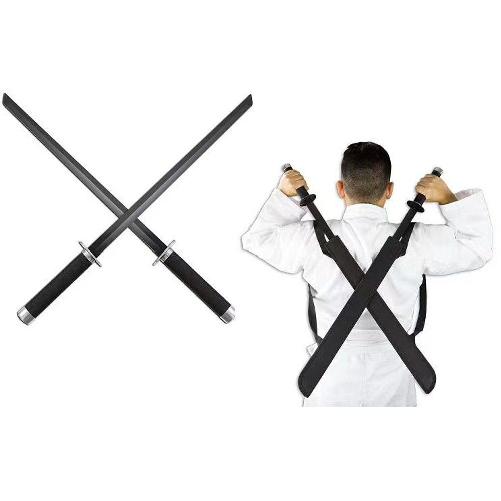 Two crossed black-handled ninja swords with silver blades next to figure holding identical swords behind back in white outfit