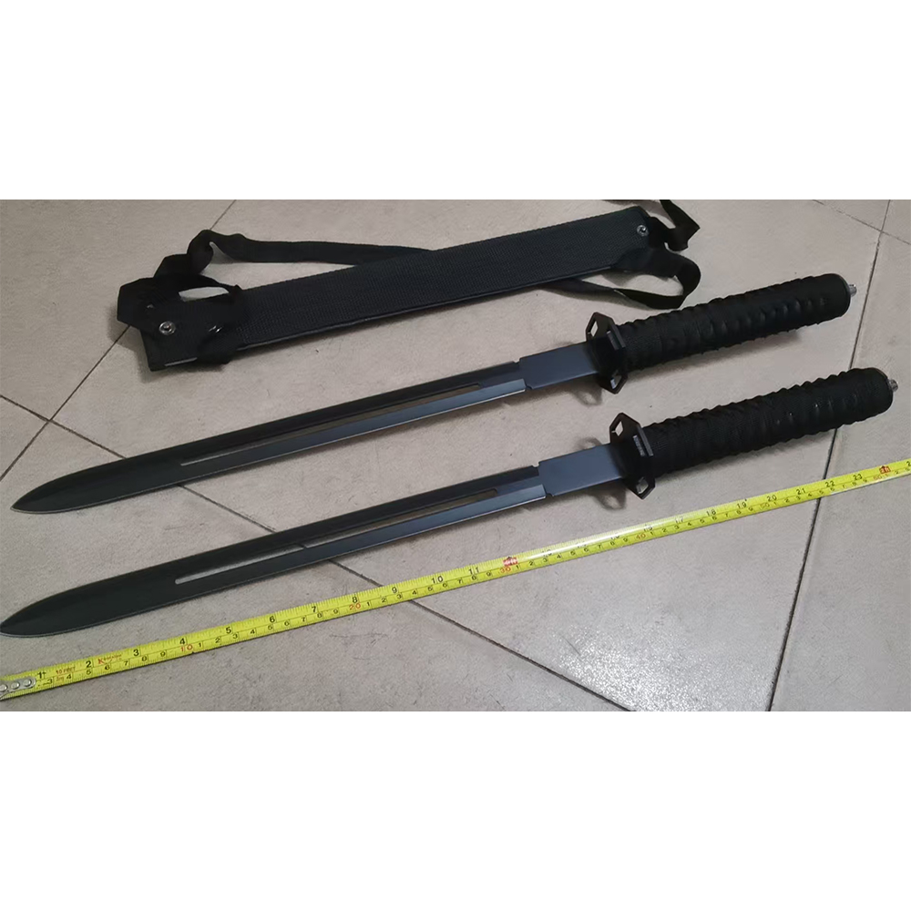 Two black swords with textured grips and hole-pierced blade alongside sheath on light-tile floor - Yellow tape shows length